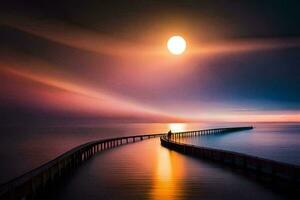 un muelle con un largo puente líder a el océano. generado por ai foto