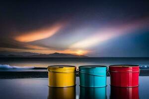 three buckets sit on the beach at sunset. AI-Generated photo