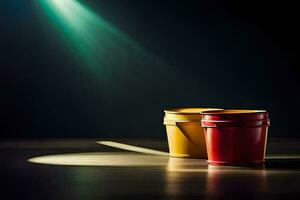 two buckets of paint on a table with a spotlight. AI-Generated photo