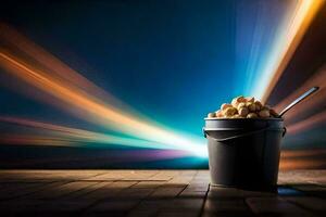 a bucket of peanuts sitting on a table with a light beam. AI-Generated photo