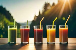 five glasses of juice on a table. AI-Generated photo