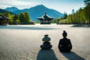 a person sitting in the middle of a field with stones. AI-Generated photo