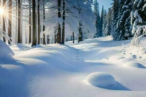 nieve cubierto arboles y un camino en el nieve. generado por ai foto