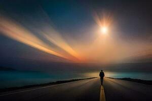 un hombre en pie en el la carretera a puesta de sol. generado por ai foto