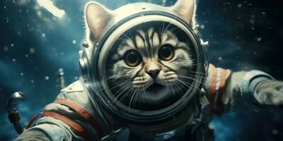 un linda gato en un astronauta traje es volador en el luna, ai generativo foto