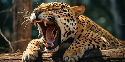 Magnificent Jaguar resting on a tree trunk with open mouth AI Generative photo