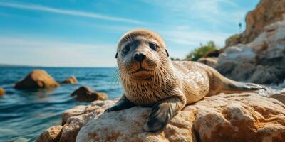 un linda sello sentado en hermosa rock cerca Oceano ai generativo foto