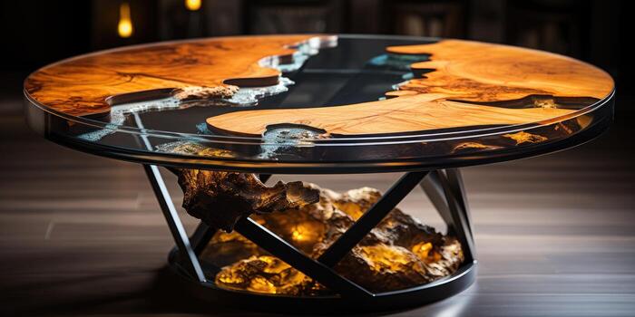 Luxury desk with epoxy resin and varnish Round tree slab with black epoxy river Wooden background hi, AI Generative photo