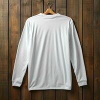 A view from back Luxurious plain white oversize t-shirt mockup with a hanger hanging on a wooden background, AI Generative photo