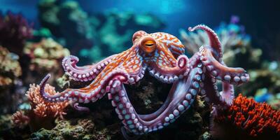 beautiful giant octopus around beautiful colorful coral AI Generative photo