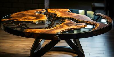 Luxury desk with epoxy resin and varnish Round tree slab with black epoxy river Wooden background hi, AI Generative photo