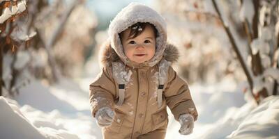 A chubby baby girl walking in the snow, AI Generative photo