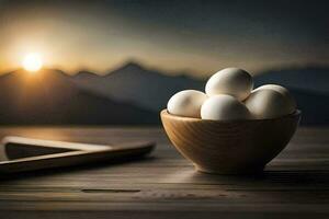 eggs in a bowl, mountains, sunrise, hd wallpaper. AI-Generated photo