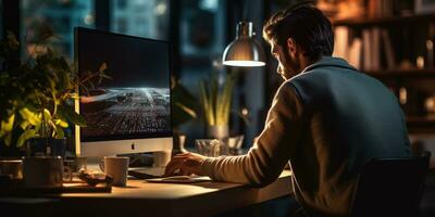 Back view portrait of a young man using laptop at his workplace Generative AI photo