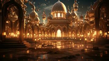 a picture of a mosque adorned with lanterns, AI Generative photo