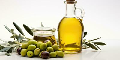 Isolated white background with premium olive oil bottle and tasty green olives, AI Generative photo