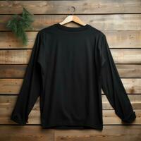 A view from back Luxurious plain black oversize t-shirt mockup with a hanger hanging on a wooden background, AI Generative photo