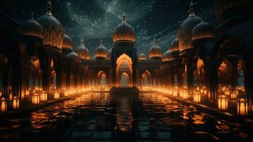 a picture of a mosque adorned with lanterns, AI Generative photo