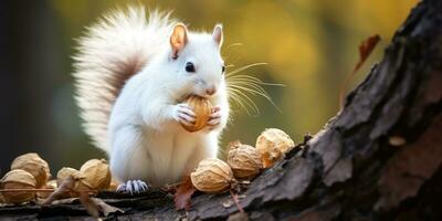 A cute squirrel sitting eating walnut kernels, AI Generative photo