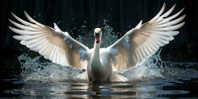 a Shining white feathered swan sitting on a green lake, AI Generative photo