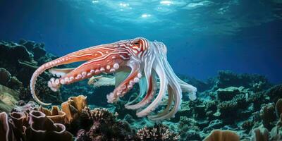 a beautiful giant squid around very beautiful coral reef AI Generative photo