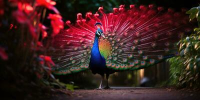 A beautiful peacock showing off its beautiful feathers, AI Generative photo