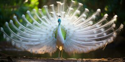 un hermosa blanco pavo real demostración apagado sus hermosa plumas, ai generativo foto