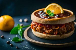 un hamburguesa con un rebanada de limón y un rebanada de tomate. generado por ai foto