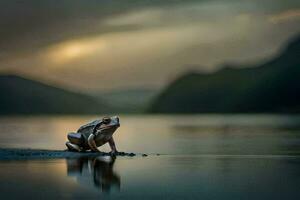 un rana sentado en el borde de un lago a puesta de sol. generado por ai foto
