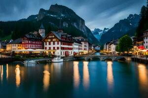 a river and town at night in switzerland. AI-Generated photo