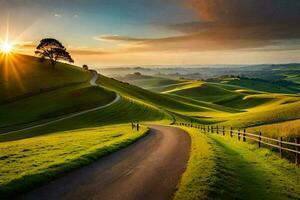 the sun rises over the rolling hills of new zealand. AI-Generated photo