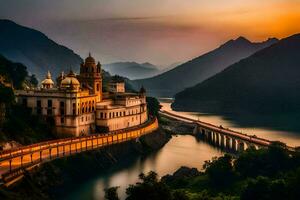 photo wallpaper the sky, mountains, bridge, sunset, the city, india, the city. AI-Generated