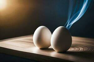 two eggs on a table with smoke coming out of them. AI-Generated photo