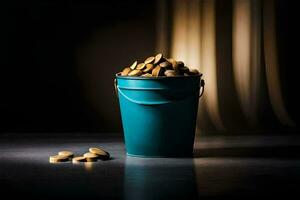 a bucket filled with gold coins on a dark table. AI-Generated photo