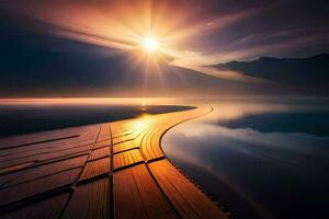 the sun is shining over a lake and a wooden boardwalk. AI-Generated photo