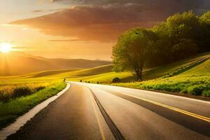 a road is shown in the sunset with the sun shining. AI-Generated photo