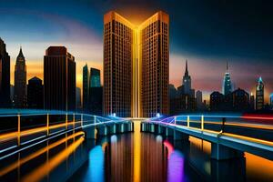 a city skyline with lights and traffic on the bridge. AI-Generated photo