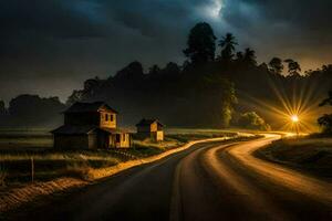 un la carretera en el medio de un campo con un casa en el izquierda y un Dom brillante a través de. generado por ai foto