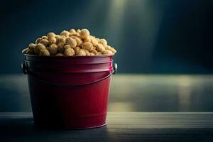 a bucket filled with peanuts on a table. AI-Generated photo