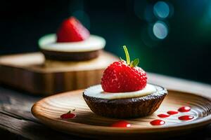 a chocolate cupcake with strawberries on top. AI-Generated photo