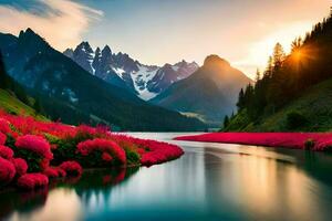 the sun rises over a mountain range with pink flowers. AI-Generated photo