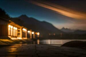 a path leading to a lake at night with lights shining on it. AI-Generated photo