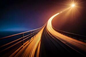 un largo exposición fotografía de un puente a noche. generado por ai foto