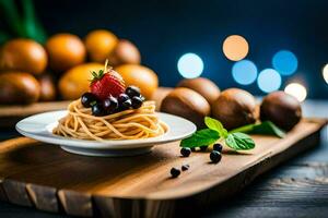 spaghetti with berries and mint on a wooden table. AI-Generated photo