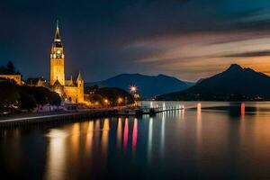 a beautiful view of a clock tower at night. AI-Generated photo