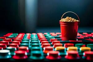 a bucket of popcorn on a table with many colorful cups. AI-Generated photo