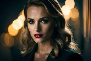 a beautiful woman with red lipstick and dark hair. AI-Generated photo
