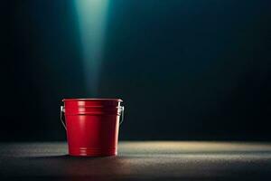 a red bucket on a dark floor with a spotlight. AI-Generated photo