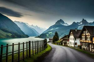 a road leading to a lake and mountains. AI-Generated photo