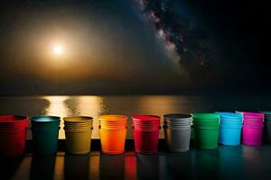 colorful buckets lined up against the ocean and a full moon. AI-Generated photo